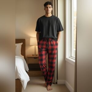 Men's Black and Red Plaid Joggers